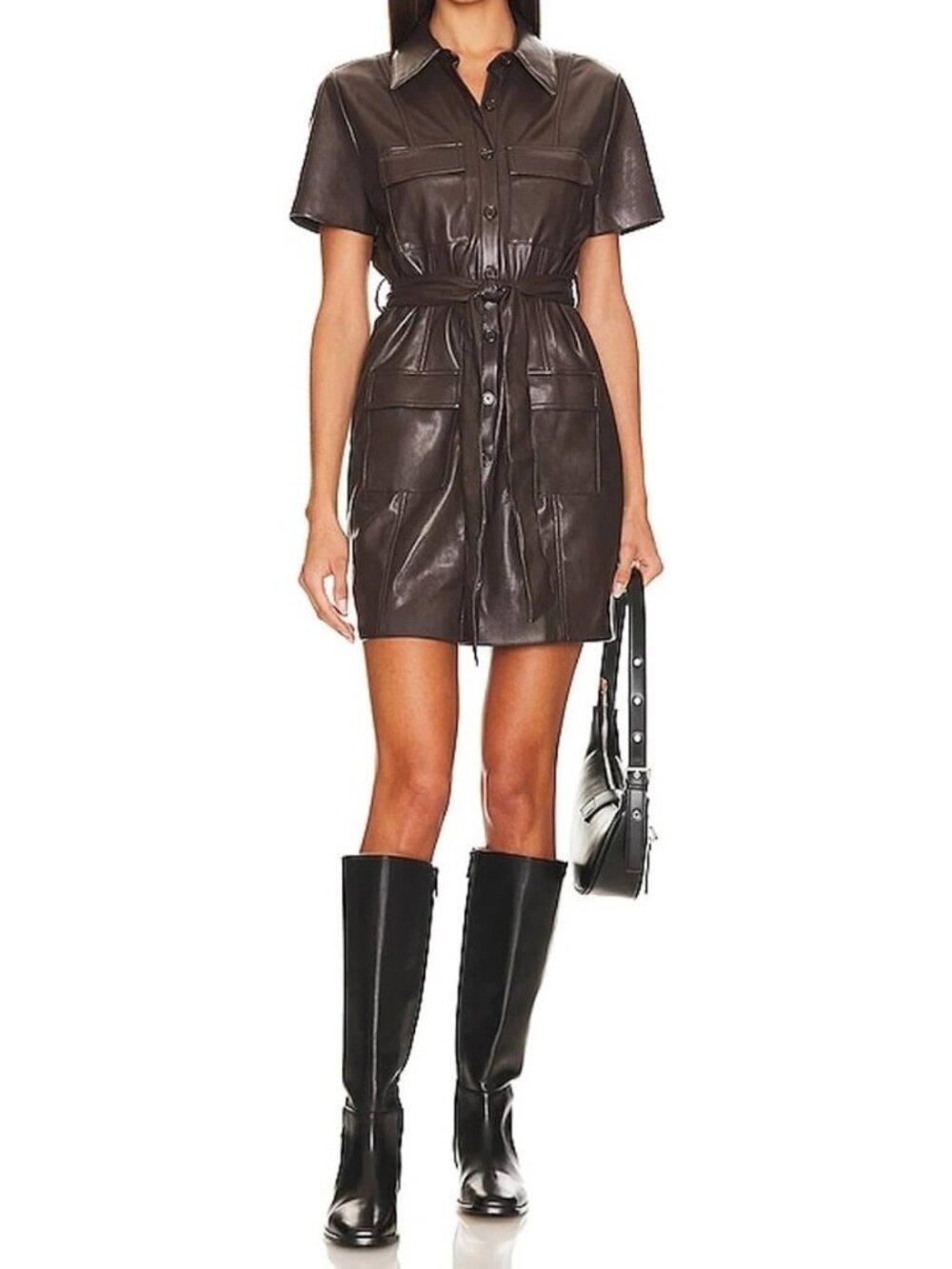 Amanda Uprichard Brown Faux Leather Belted Shirt Dress M Short Sleeve (MM731)
